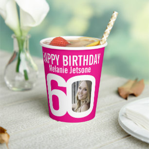 60. Geburtstag Zoll zwei Foto rosa weiß Pappbecher