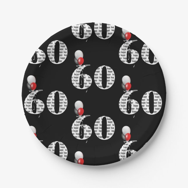 60. Geburtstagsfeier Ballons auf schwarz Pappteller (Vorderseite)