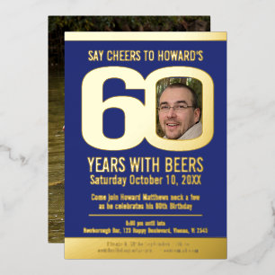 60. Geburtstagsfeier blau goldene Folie Foto Bier Folieneinladung