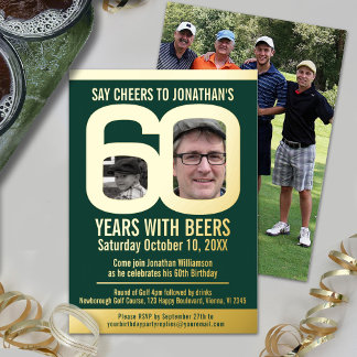 60. Geburtstagsgolfbiere, grüne Fotos Folieneinladung