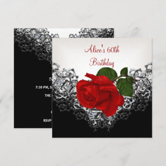 60. Geburtstagslace Schwarz-weiß Silver Rote Rose Einladung