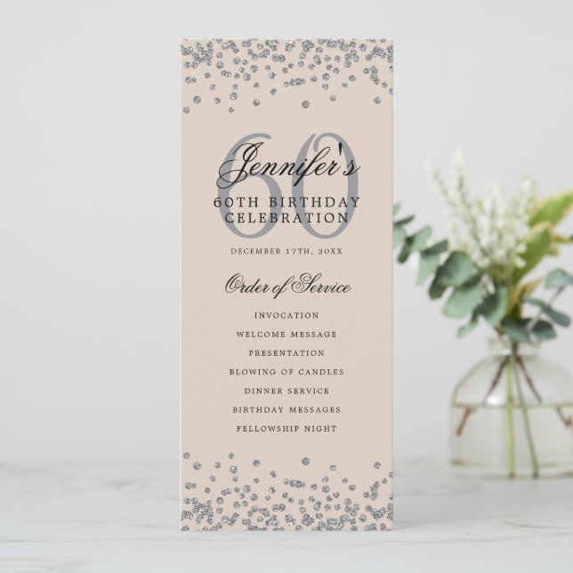 60. Geburtstagsmenü dank Silver Champagne Einladung (Stehend Vorderseite)