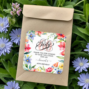 60. Geburtstagsparty Aquarell Floral Quadratischer Aufkleber