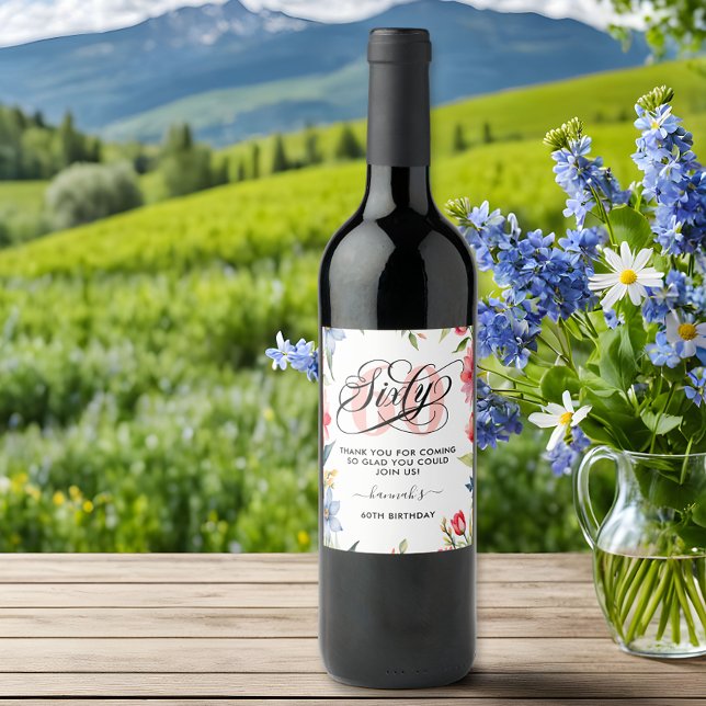 60. Geburtstagsparty Aquarell Floral Weinetikett (Von Creator hochgeladen)
