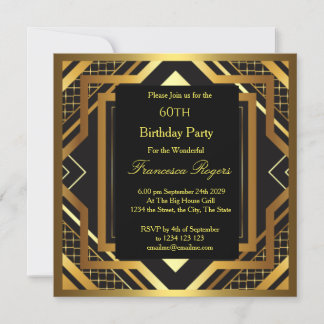 60. Geburtstagsparty Art Deco Gold Schwarz Einladung