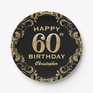 60. Geburtstagsparty Black and Gold Glitzer Frame Pappteller