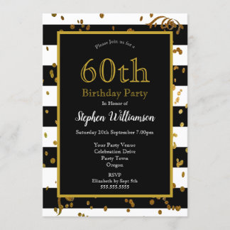 60. Geburtstagsparty Black and White | Gold-Glitze Einladung
