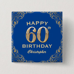 60. Geburtstagsparty Blue and Gold Glitzer Frame Button