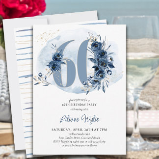 60. Geburtstagsparty Coastal Blue Floral Number 60 Einladung
