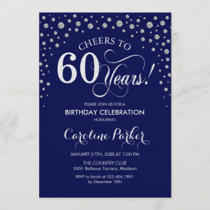 60. Geburtstagsparty Einladung - Silver Navy Blue