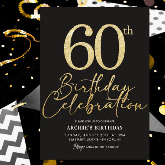 60. Geburtstagsparty Eleganter Black & Gold Glitze Einladung