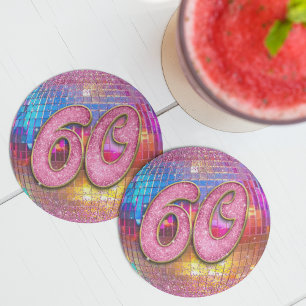 60. Geburtstagsparty Gold Pink Glitzer Disco Ball Runder Pappuntersetzer