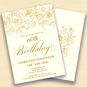 60. Geburtstagsparty Gold Rose Floral Ivory White Einladung
