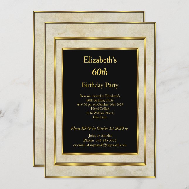 60. Geburtstagsparty Gold Sand Black Einladung (Vorne/Hinten)