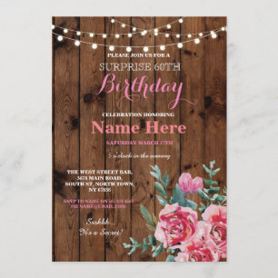 60. Geburtstagsparty Holz Blume Blumenrosa Einladu Einladung