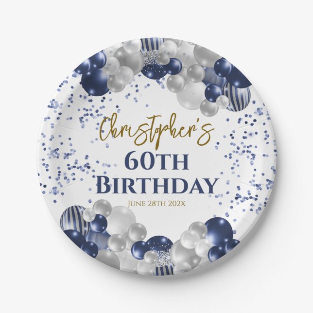 60. Geburtstagsparty Navy Balloons Pappteller (Vorderseite)
