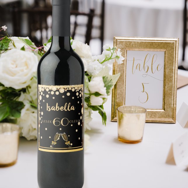 60. Geburtstagsparty schwarzen Goldnamen Diamanten Weinetikett (Von Creator hochgeladen)