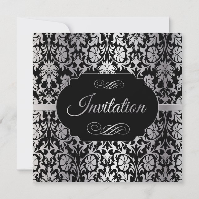 60. Geburtstagsparty | Silver & Black Damask Einladung (Vorderseite)