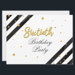 60. Geburtstagsüberraschung Gold Glitzer Geometric Einladung<br><div class="desc">Moderne Überraschung 60. Geburtstag Script Gold Geometric Einladung mit schwarzen Streifen und Goldfolie Glitzer Punkte mit Skripttypografie können Sie leicht bearbeiten. Für weitere Anpassungen klicken Sie bitte auf die Schaltfläche "Anpassen" und verwenden Sie unser Designwerkzeug,  um diese Vorlage zu ändern.</div>