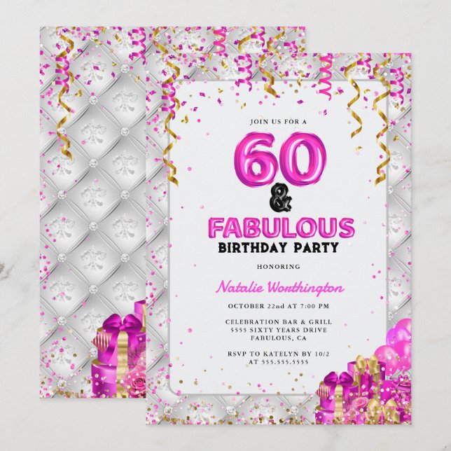 60 Gold Pink 60. Geburtstag Einladung (Vorne/Hinten)