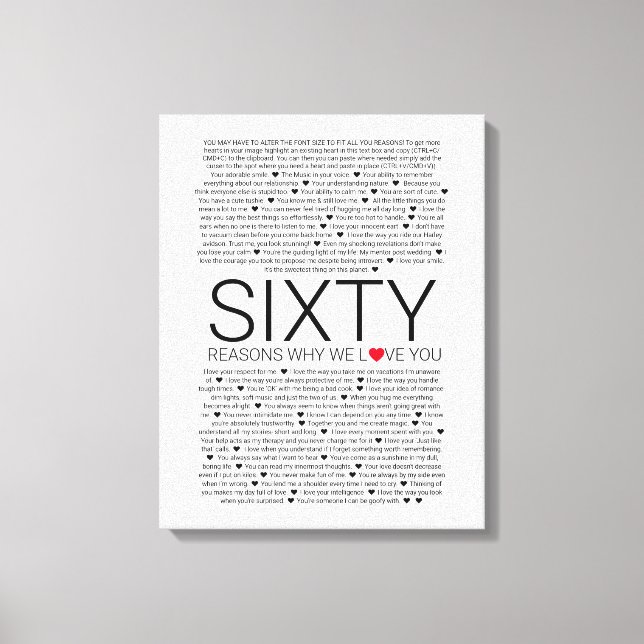 60 Gründe, warum wir Sie Liebe Hochzeit gelobt Lie Leinwanddruck (Vorderseite)