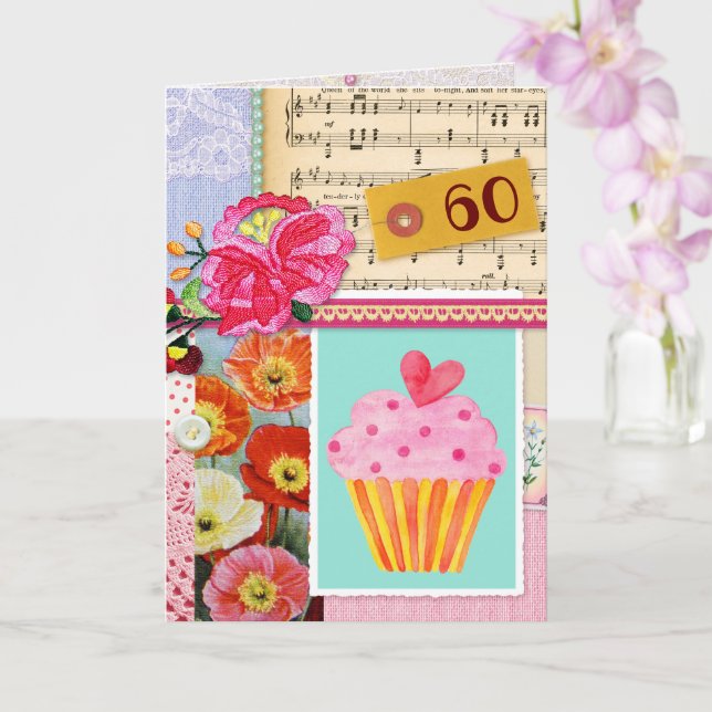 60. Happy Birthday Collage Scrapbook cupcake Karte (Orchidee)