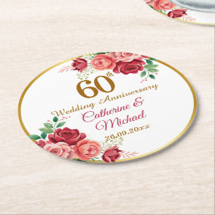 60. Hochzeitsjubiläum Goldrahmen Blumen Runder Pappuntersetzer