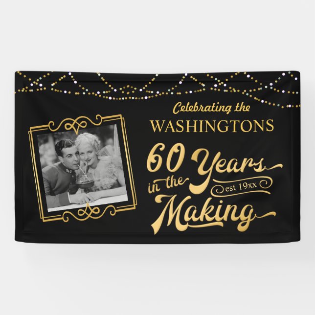 60. Hochzeitstag Foto Black Gold Lights Banner (Horizontal)