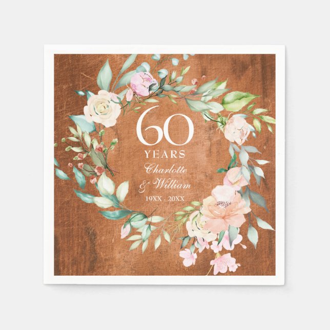 60. Hochzeitstag Rustikale Rose aus Holz Serviette (Vorderseite)