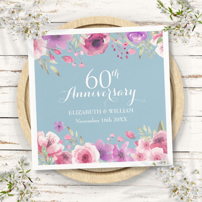 60. Hochzeitstag Wasserfarben-Rose Serviette (60th Wedding Anniversary Watercolor Roses Floral Napkins)