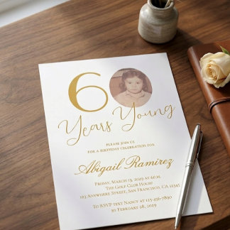 60 Jahre Jung Geburstagsfeier Weiß & Gold Foto Einladung
