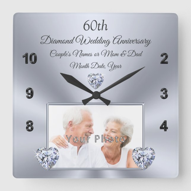 60-jähriges Hochzeitstipendium mit FOTO Quadratische Wanduhr (Vorderseite)