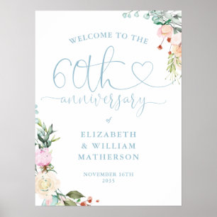 60. Jubiläum Herz Schrift Floral Willkommensschild Poster