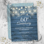 60. Jubiläum Holzsaitenleuchten Save the Date Ankündigungspostkarte<br><div class="desc">Mit hübschen Saitenlichtern und zarter Liebe sorgen die Herzen für Konfetti auf einem blauen rustikalen Holzboden. Personalisieren Sie mit Ihrem besonderen 60 Jahre Diamantenjubiläum Save the Date Informationen in schicken Schriften. Entwickelt von Thisisnotme©</div>