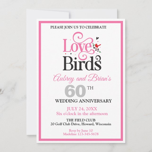 60. Jubiläum Love Birds Personalisiert Einladung (Vorderseite)