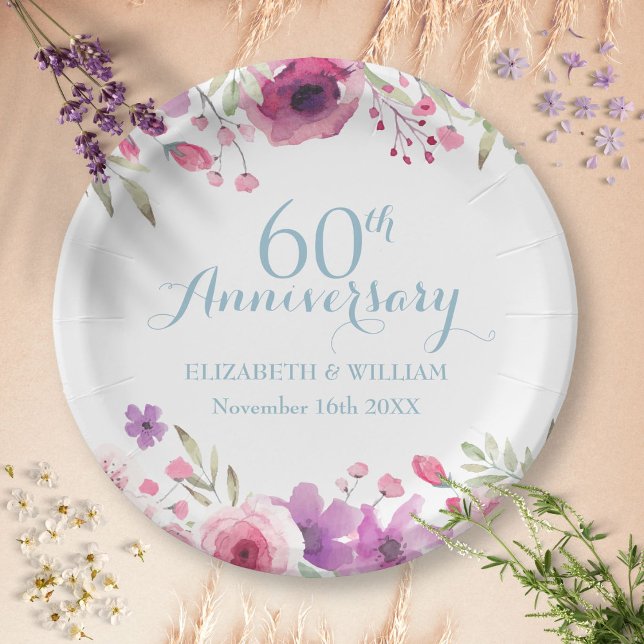 60. Jubiläum Wasserfarben Rose Grünpflanzen Pappteller (60th Anniversary Watercolour Roses Greenery Paper Plates)