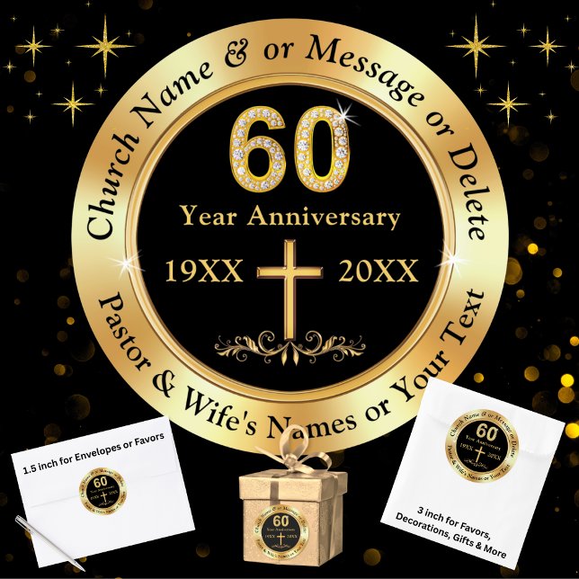 60. Kirchenjubiläum, für Liebhaber, Umzüge... Runder Aufkleber (Church 60th anniversary party stickers. Black and gold, 60th church anniversary stickers. 60 year.)