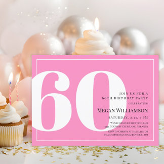 60. Modern Pink und White Script Geburtstag Einladung