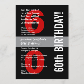 60. Moderner Geburtstags-Schwarz-weiße rote Einladung