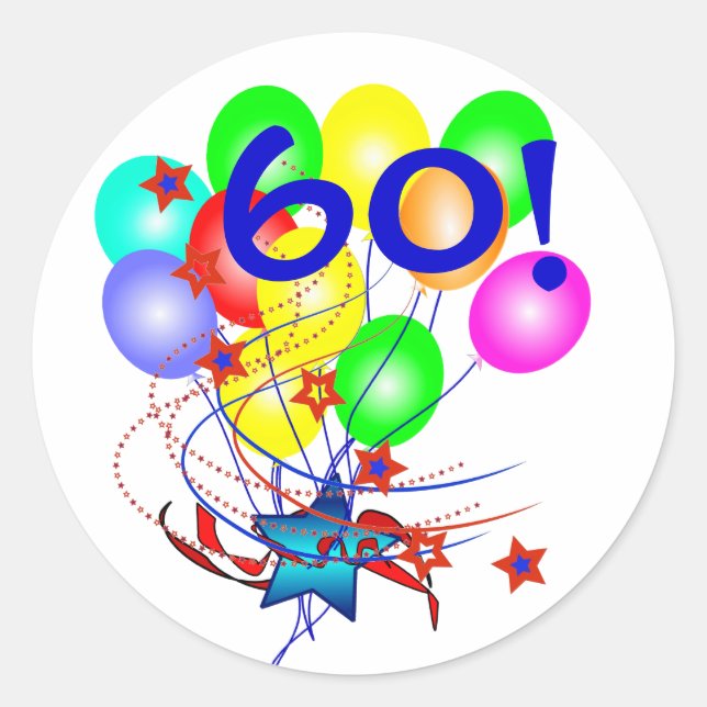 60! oder jedes Alter Birthday Balloons Round Stick Runder Aufkleber (Vorderseite)