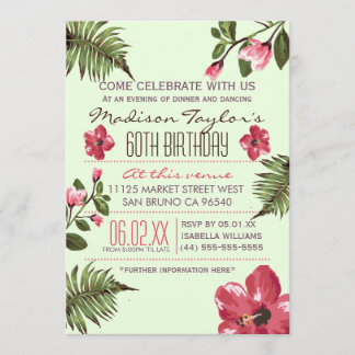 60. Party Exotic Hibiskus & Tropical Palm Blätter Einladung