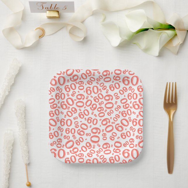 60. Party Random Number Pattern Coral/White Pappteller (Hochzeit)