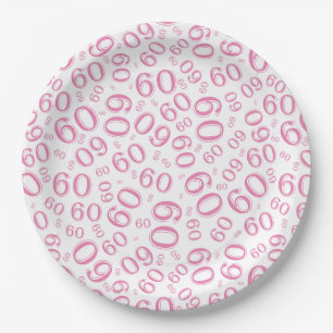 60. Party Random Number Pattern Rosa/Weiß Pappteller