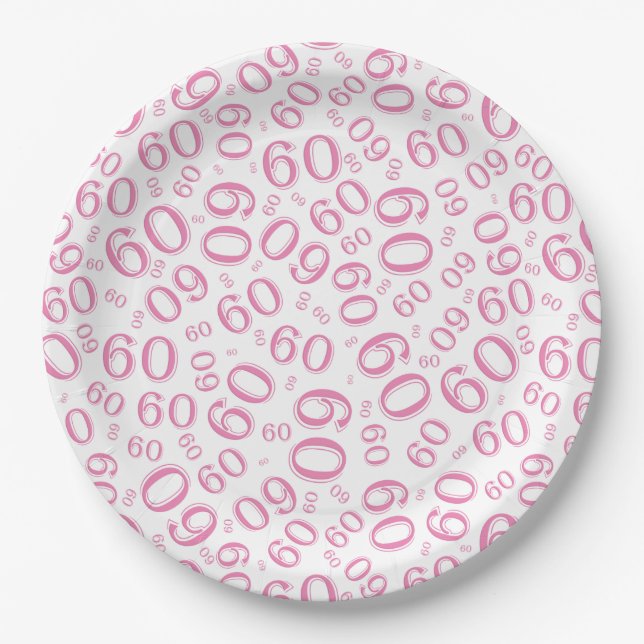 60. Party Random Number Pattern Rosa/Weiß Pappteller (Vorderseite)