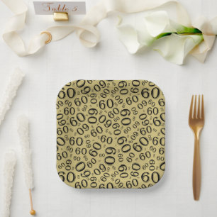 60. Party Random Number Pattern schwarz/Gold Pappteller