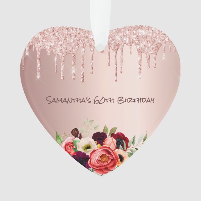 60. Rose Gold Glitzer Tropfen Rosa Florale Ornament (Vorderseite)