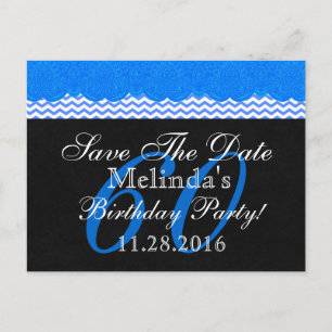 60. Save the Date Geburtstag Blue Lace Chevrons V0 Ankündigungspostkarte