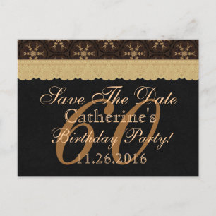 60. Save the Date Geburtstag Pale Gold Lace Black  Ankündigungspostkarte