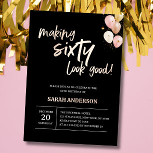 60 sehen gut aus, elegante schwarze Geburtstagspar Folieneinladung