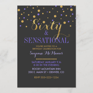 60 & Sensational Lila & Gold Confetti Punkte Einladung